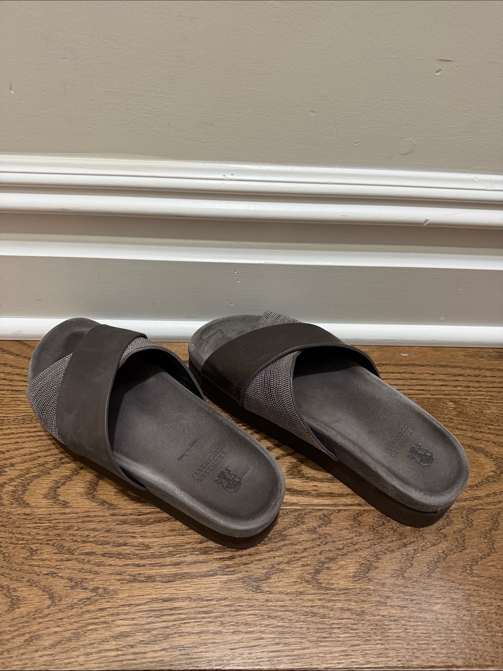 Brunello Cucinelli grey Monili chain detail open toe cross band slides